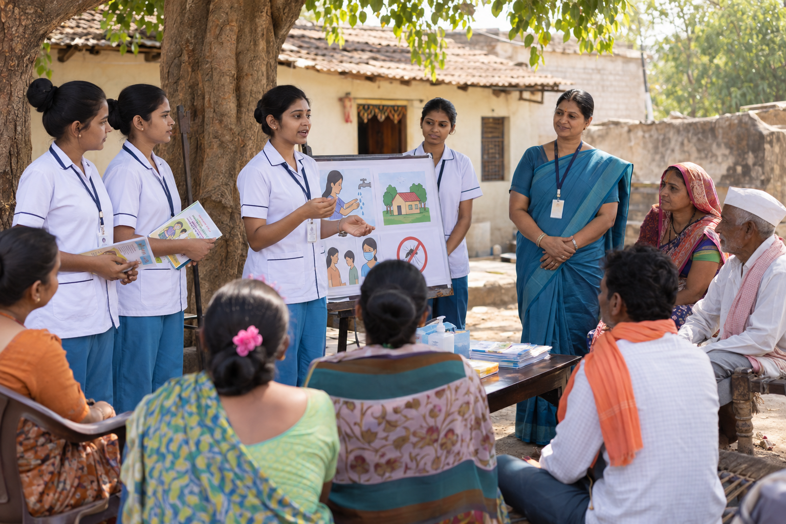 Indian nursing students leading a community health awareness session