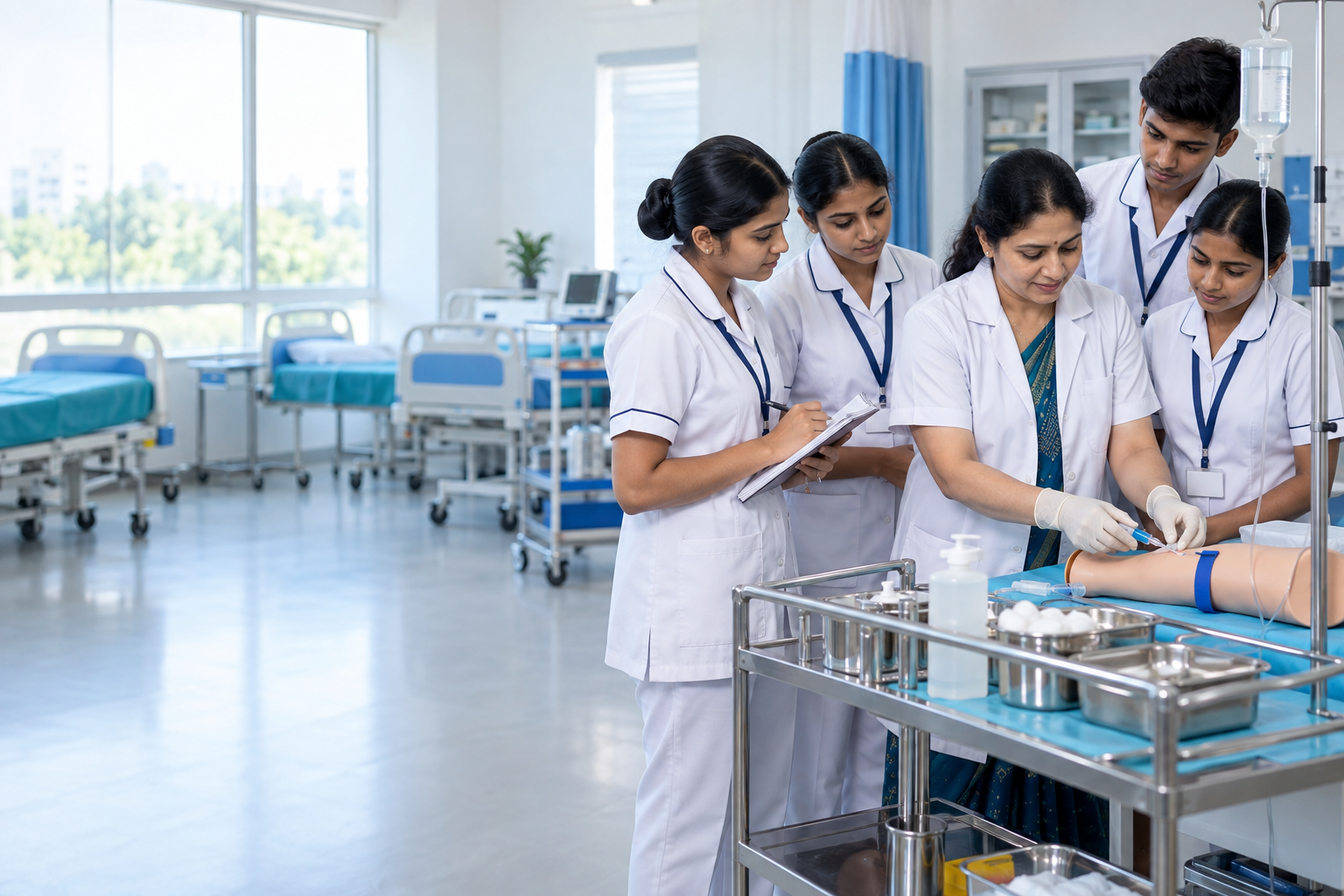 Indian nursing students learning a clinical skill with a nursing educator